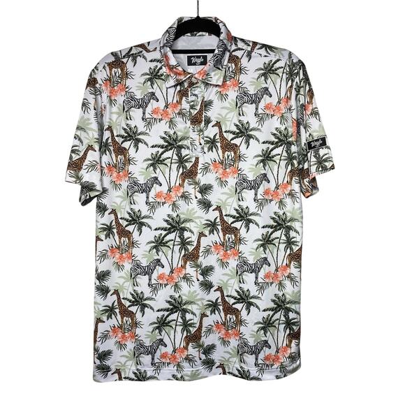 Waggle Men's Medium Polo Golf Shirt Short Sleeve Novelty Zebra Giraffe Tree - Picture 1 of 5